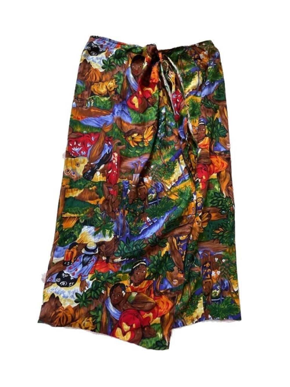 Vintage Melrose 90s Novelty Print Midi Skirt Multicolor Village Scene Folk Art